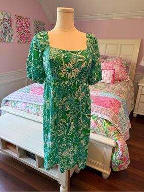 Lilly Pulitzer Green & White Floral Square-Neck Midi Dress